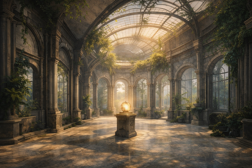 A domed room with an orbed artifact sitting in the center.