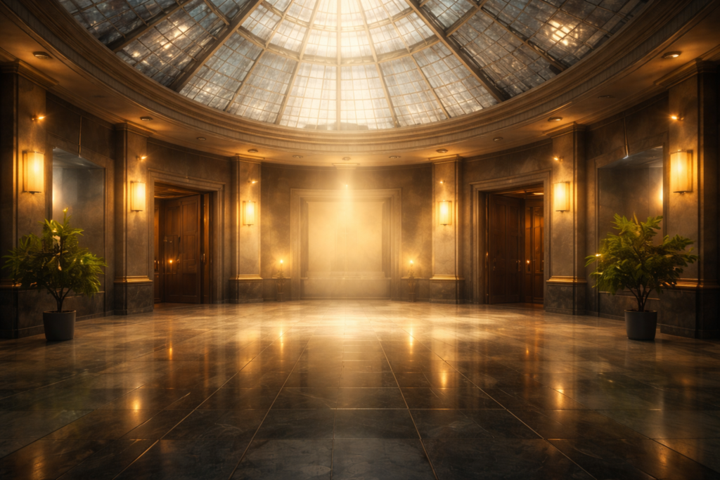 A golden dome entryway with many doors leading to other rooms.