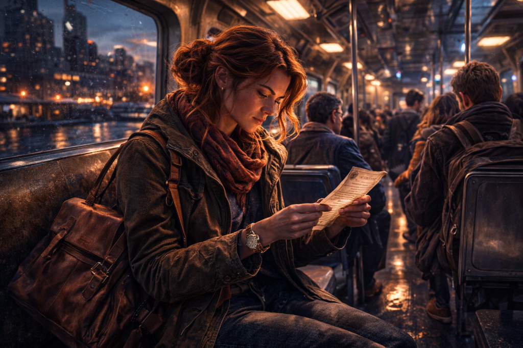 Woman riding train in the urban city of Garza.