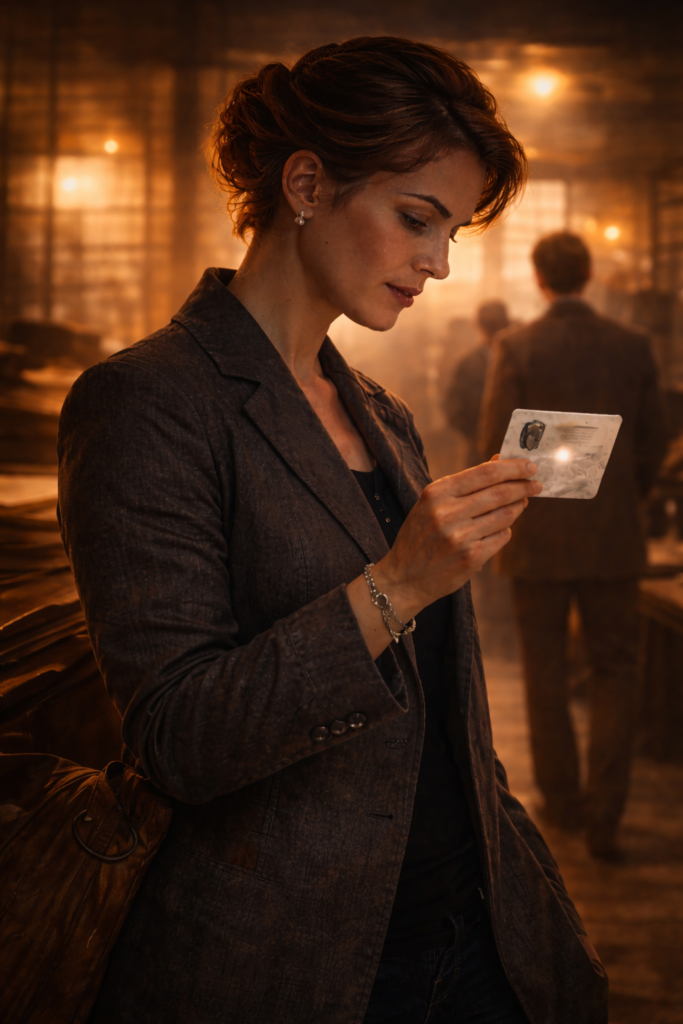 A woman holding a keycard and looking at it curiously.