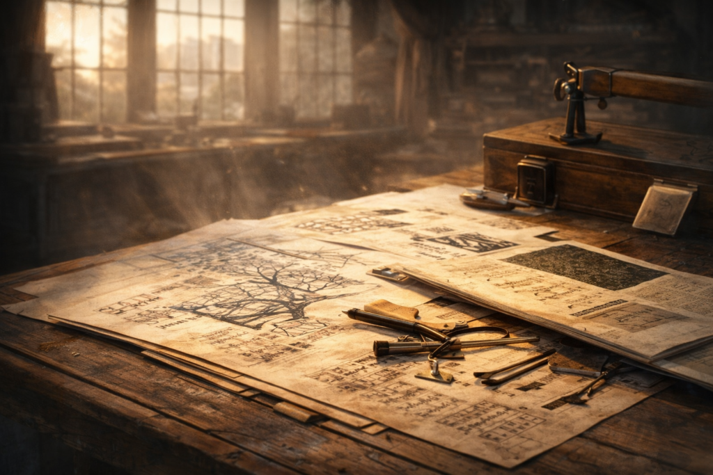 Drawing table with compass