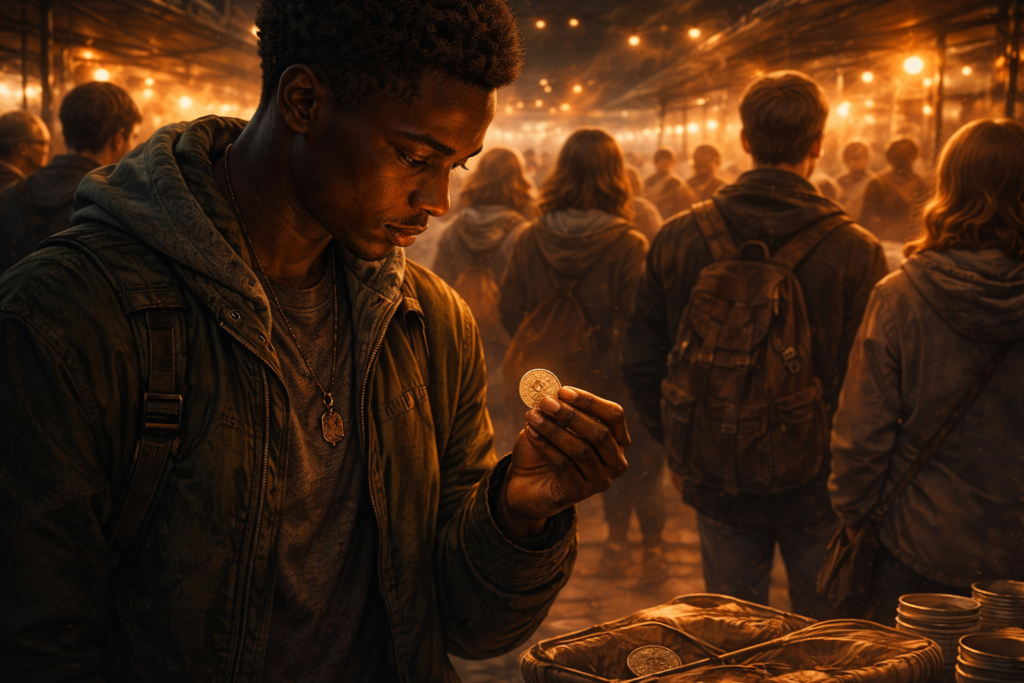 A man standing in a crowd holding a small object and inquisitively look at it.