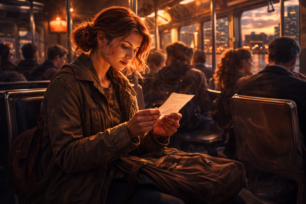 A woman reading a piece of paper while riding a train with a river and Garza city viewed in the background.
