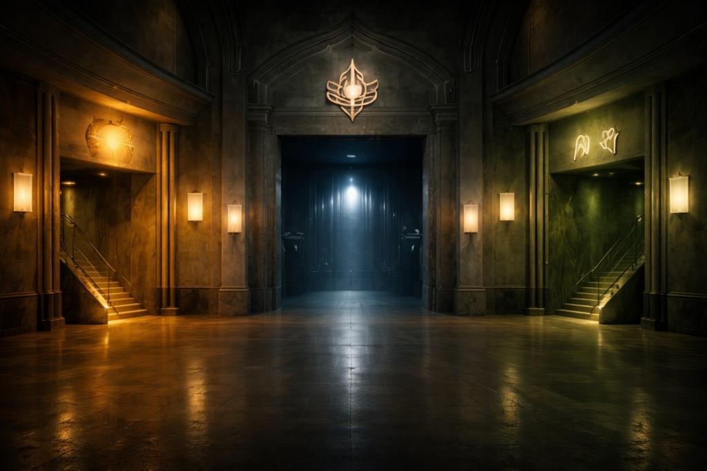 Ominous chamber with scant fluorescent lighting coming from off screen.