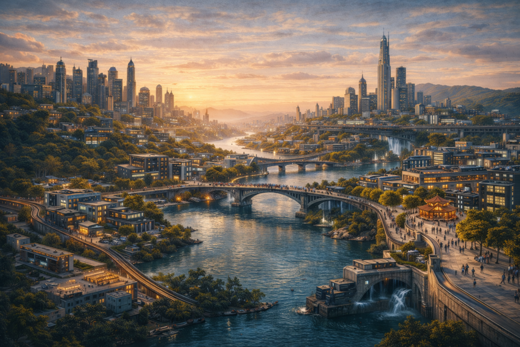 Garza city skyline and river view during a sunset